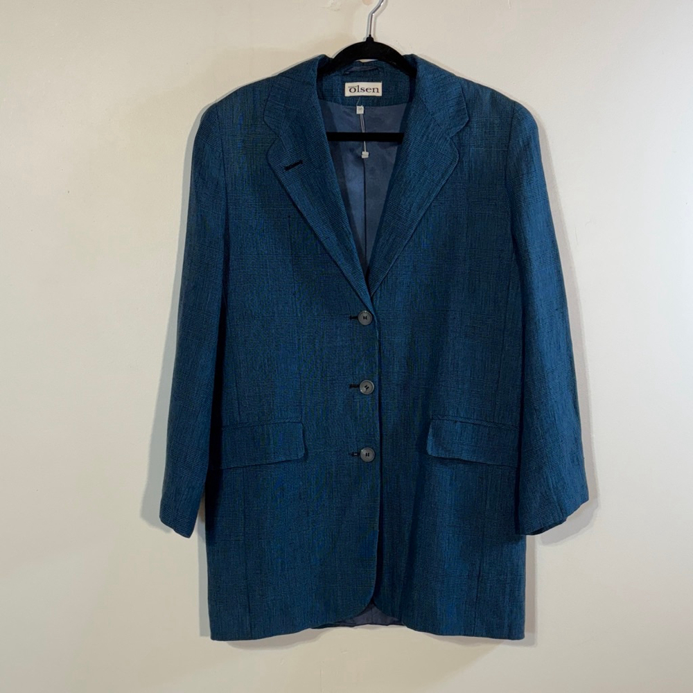 Olsen Blue Plaid Blazer Women’s Small Linen Pockets Long Three Buttons NWT